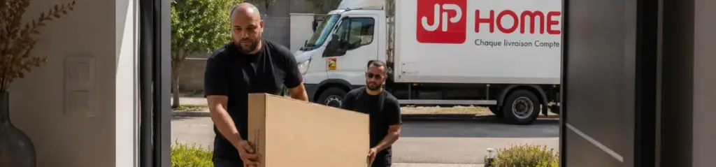 Deux livreurs apportent un grand carton depuis un camion JP Home jusqu’à une maison