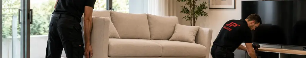 Deux techniciens déplacent un canapé beige dans un salon