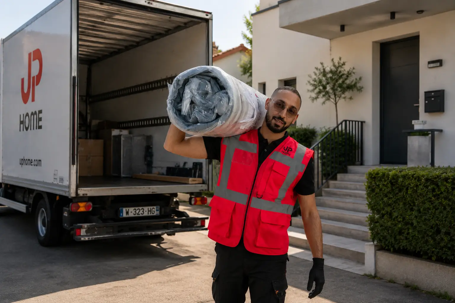 Livreur JP Home transporte un matelas sur l'épaule