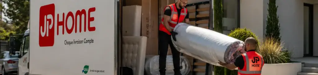 Deux déménageurs déchargent un matelas d’un camion de déménagement devant une maison moderne