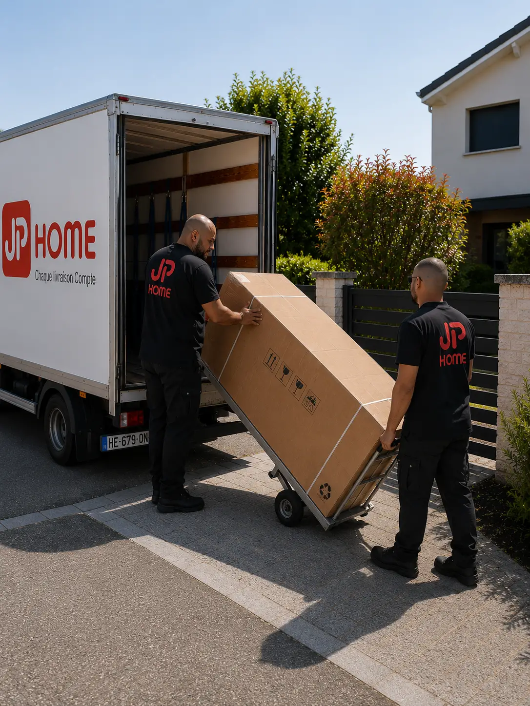Deux livreurs transportent un gros colis dans un camion JP Home