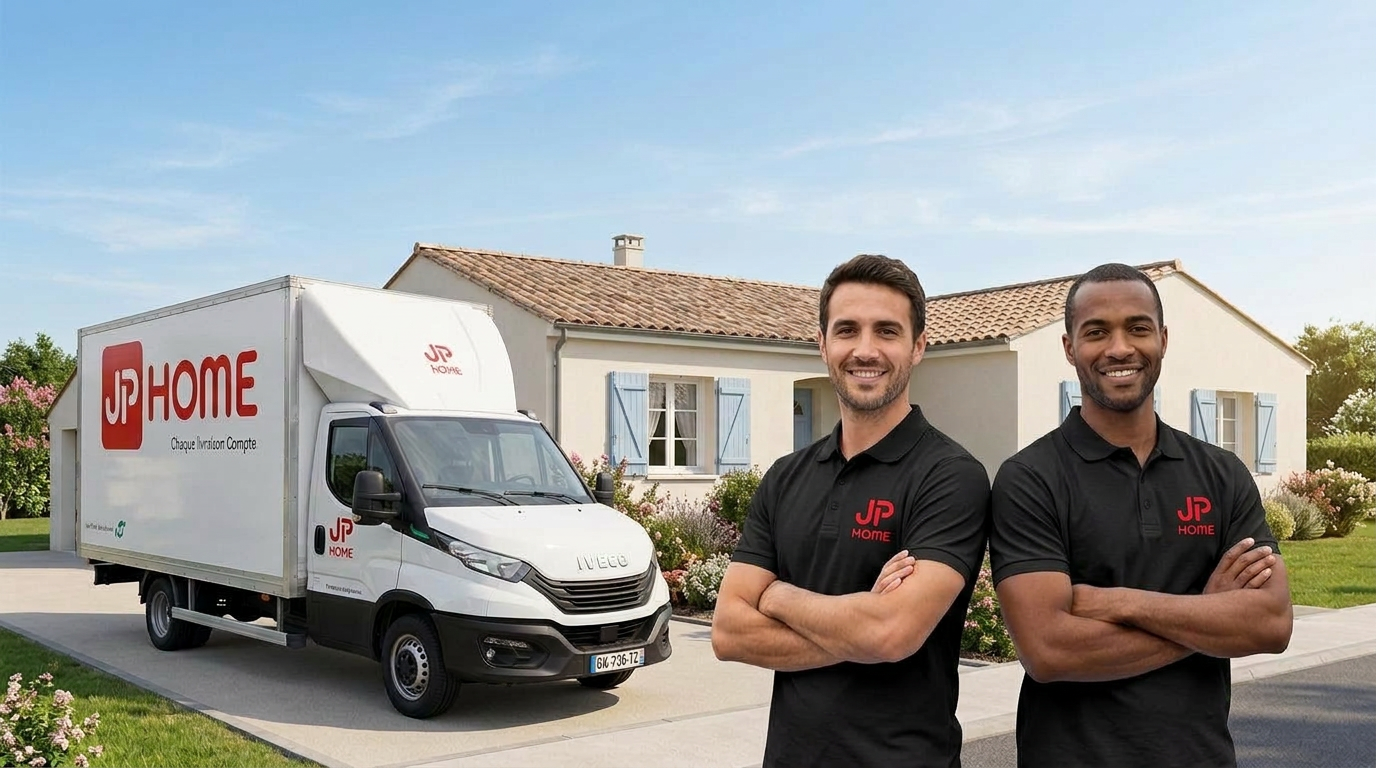 Deux livreurs JP HOME transportent un meuble volumineux